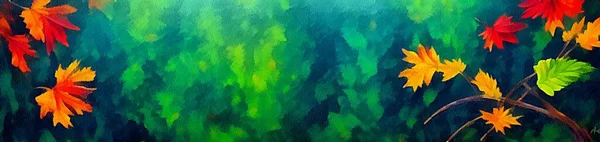 Horizontal banner for website design, digital drawing of beautiful autumn landscape in painting on paper style