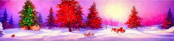 Horizontal banner for website design, digital drawing in beautiful christmas theme in painting on paper style