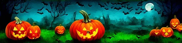 Horisontell Banner För Webbdesign Digital Teckning Vacker Halloween Tema Målning — Stockfoto