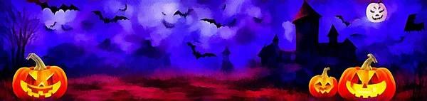 Horizontales Banner Für Website Design Digitale Zeichnung Schönem Halloween Thema — Stockfoto