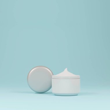 Mavi arka planda beyaz krema kavanozu açık. 3d hazırlayıcı