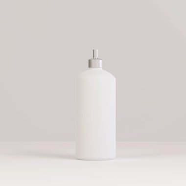 Beyaz ve gümüş sprey şişesi, beyaz arka planda 3 boyutlu püskürtme sisi olan boş konteynır.