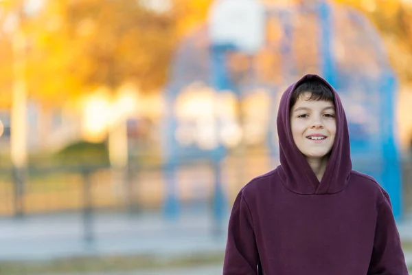 Outdoor Bel Ragazzo Ritratto Teen Ragazzo Cappuccio Oltre Parco Natura — Foto Stock