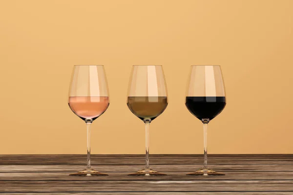 设置透明的3D酒杯 玫瑰酒和红酒 3D渲染 — 图库照片