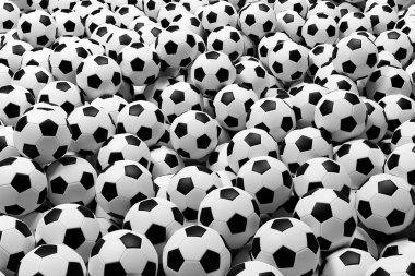 Bir sürü siyah beyaz futbol topu var. 3d hazırlayıcı