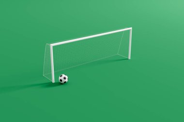 Futbol topu ve kale direği olan soyut pastel renkli futbol kortları, minimalist kompozisyon. 3d oluşturma