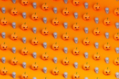 Turuncu arka planda birçok Cadılar Bayramı kabağı ve beyaz kafatasının 3 boyutlu eşölçümleme deseni