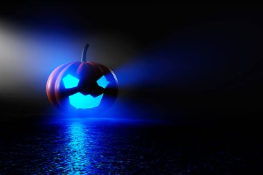 Cadılar Bayramı balkabağı Jack O 'Lantern' ın yansıma zemininde mor bir mumla. 3d oluşturma.