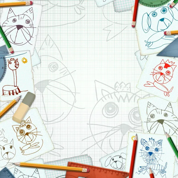 Child desk with sketch and drawings background — Stock Photo, Image