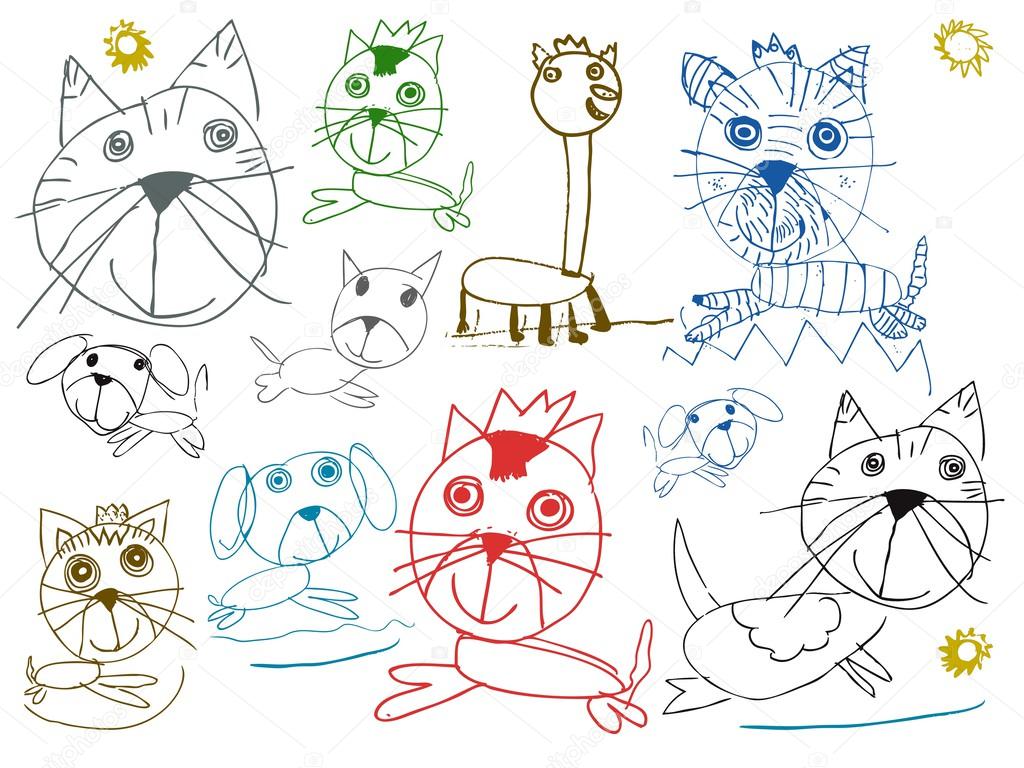children pets drawings isolated on white