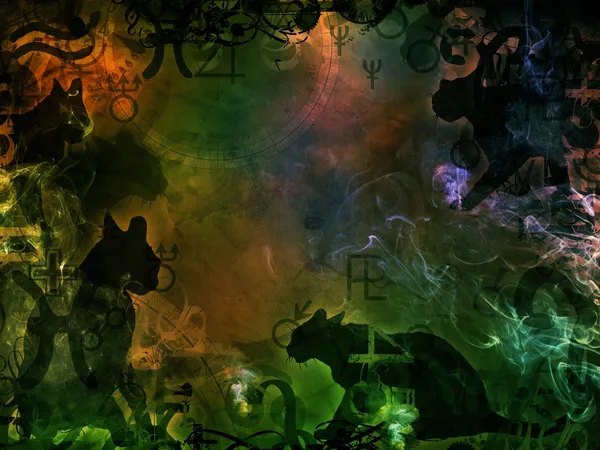 Zelená magie pozadí s černými kočkami tvary — Stock fotografie