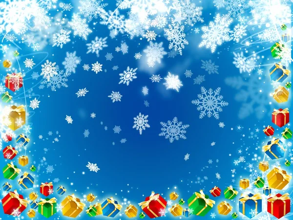 Gifts and snowflakes beautiful blue background — Stock Photo, Image