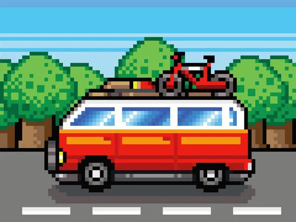 Carro indo para viagem de férias de verão - ilustração vetor retro pixel — Vetor de Stock