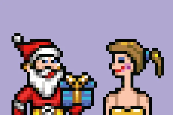 Papai Noel dando presente para menina feliz, retro pixel vetor ilustração — Vetor de Stock