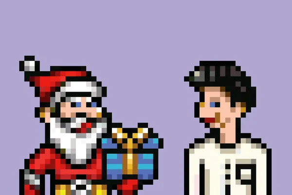 Санта-Клаус дарує подарунок щасливій дівчині, ретро піксель 8 біт вектор — стоковий вектор
