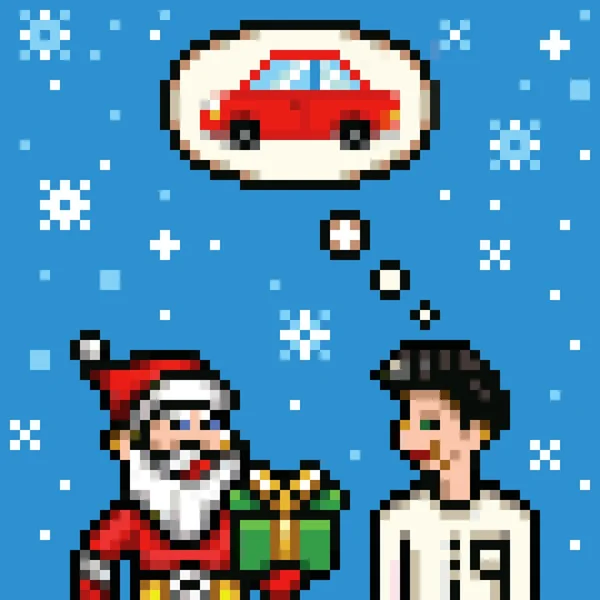 Soñar con un coche nuevo para Navidad - ilustración vectorial estilo píxel retro — Archivo Imágenes Vectoriales