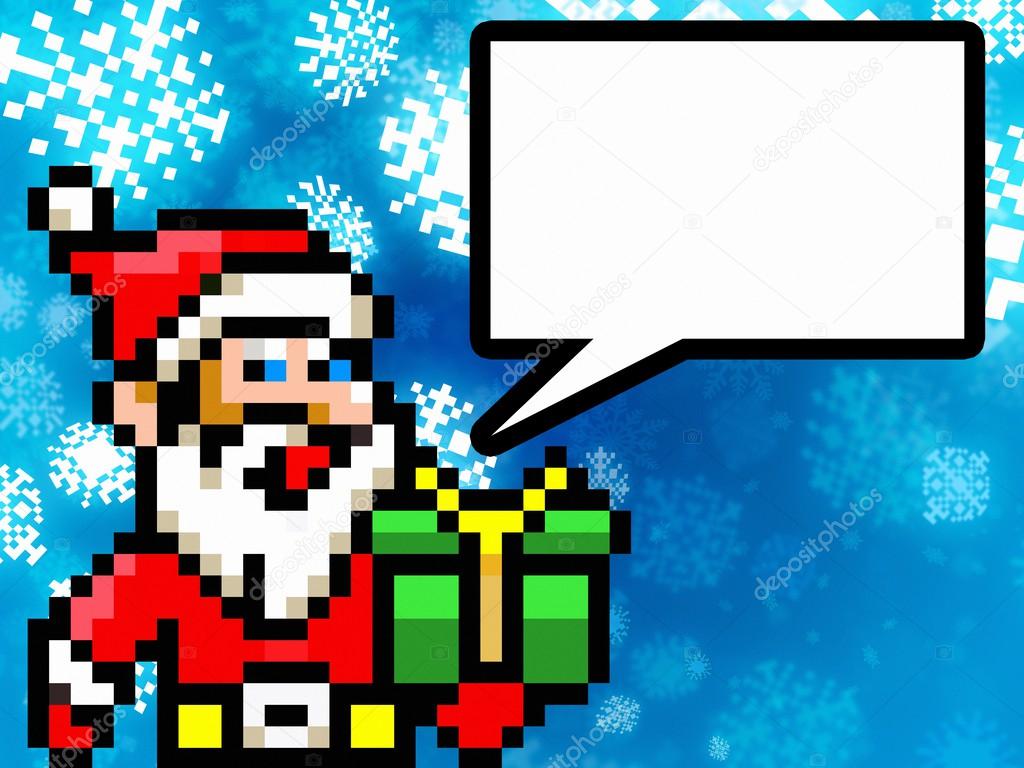 pixel style santa with dialog comic speech cloud