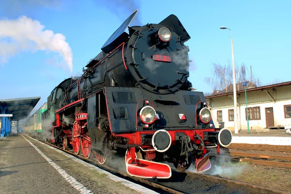 Train à vapeur avec fumée, Wolsztyn, Pologne — Photo