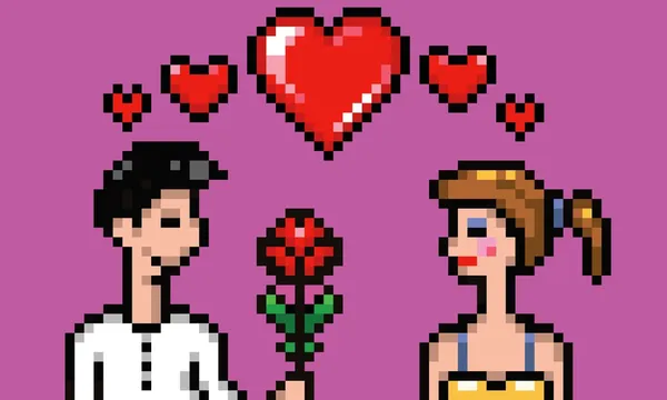 Amoureux de la Saint-Valentin garçon, fille et fleur illustration pixel art — Image vectorielle