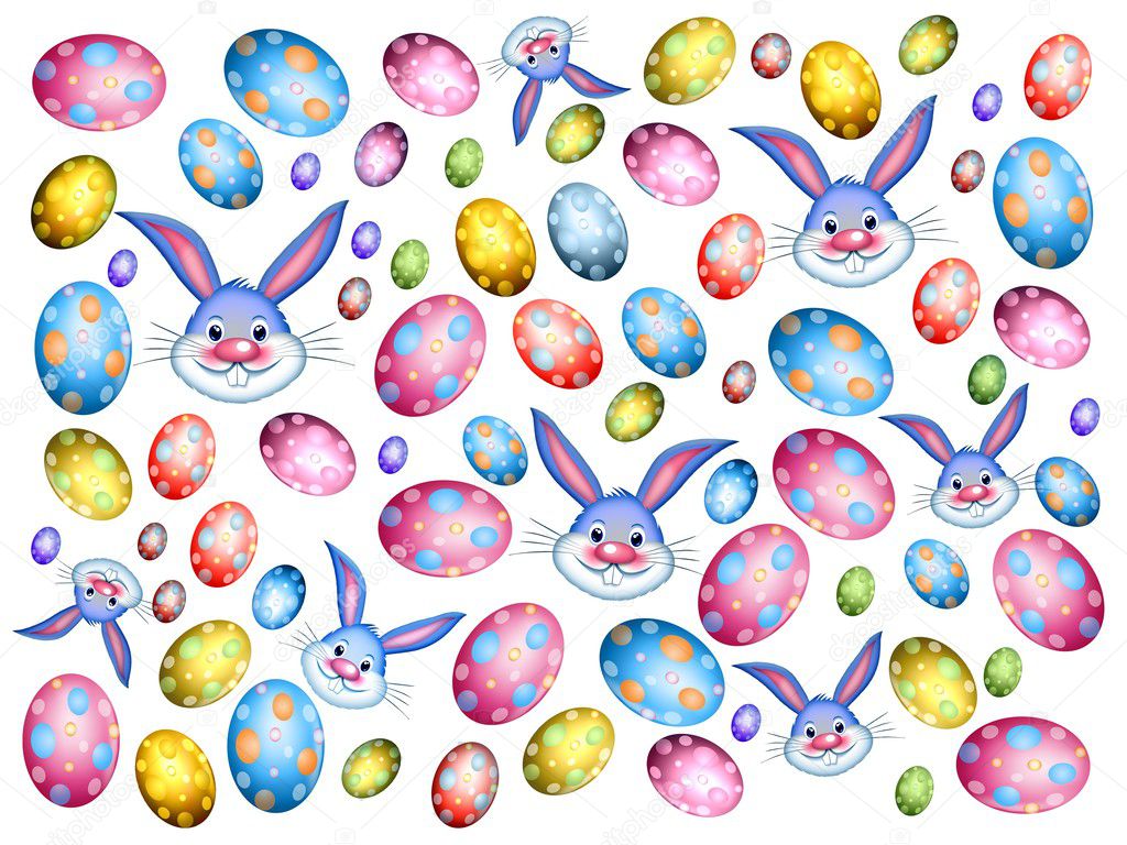 easter bunnies with colorful eggs and flowers isolated
