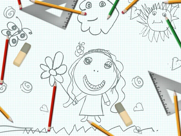 Dzieci dziewczyna ołówkiem rysunek szkoła biurko — Zdjęcie stockowe