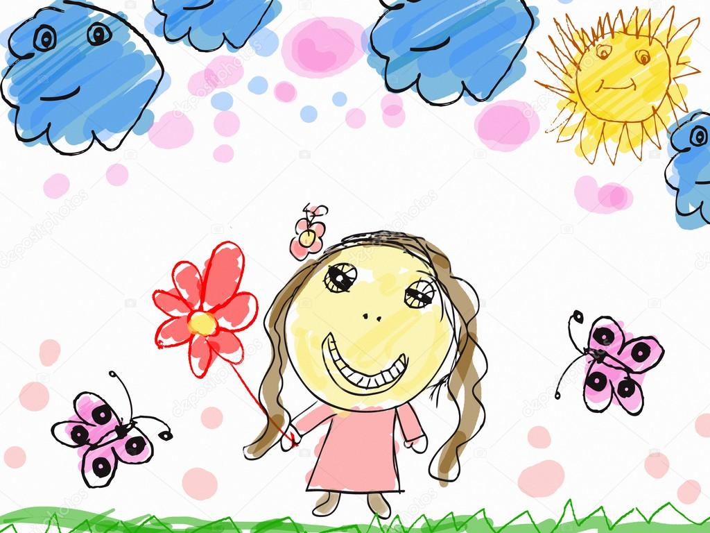 child's drawing a happy girl with flower
