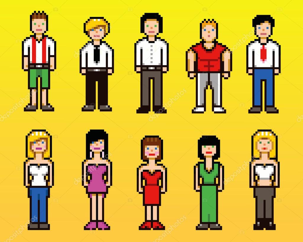 Pixel art characters set, professions pixel art people isolated design.  Stock Vector