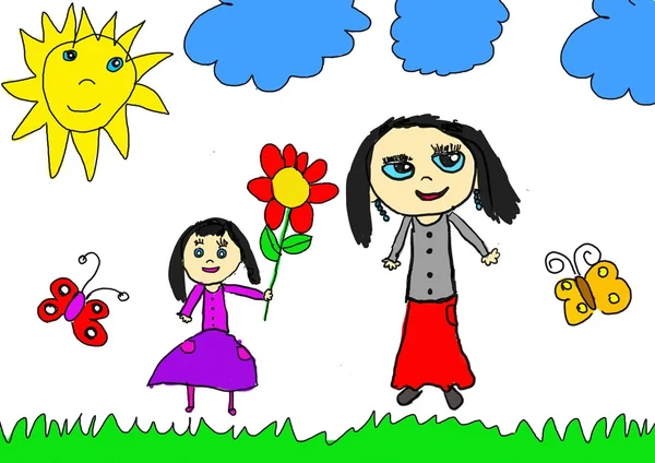 Girl giving flowers for mother's day, children's illustration — Stock Photo, Image