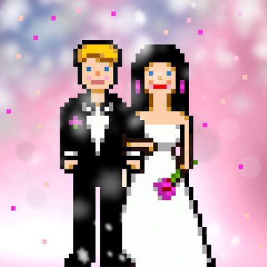 piksel sanat 8 bit tarzı çift illüstrasyon düğün