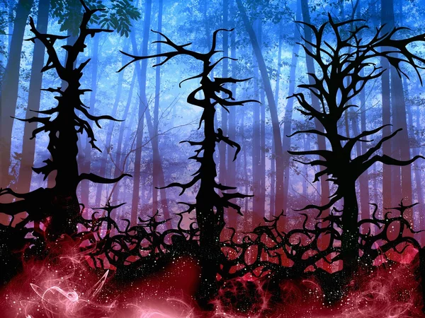 Donkere halloween bossen achtergrond met verwrongen bomen — Stockfoto