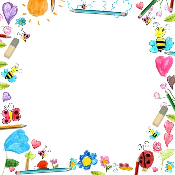 Child flowers frame - scribbles drawings background isolated — Stock Photo, Image