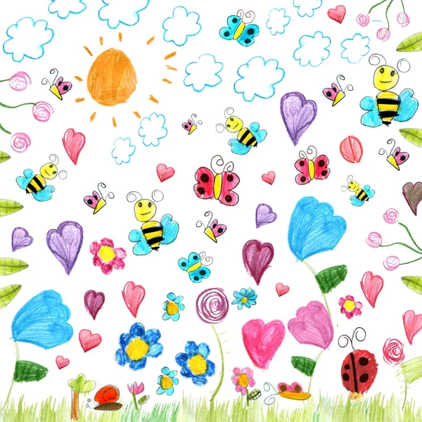 Meadow scribbles - child drawings background — Stock Photo, Image