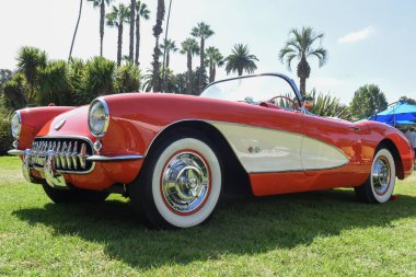 A classic red 1957 Chevy Corvette at an LA Carshow