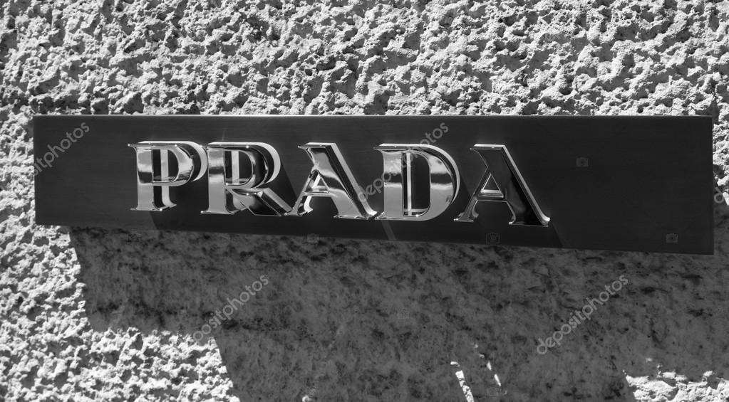 Prada shop with logo in venice, italy. The Italian fashion company is present in 65 countries with 250 single brand shops. It was founded in 1913.