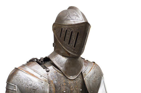 Upper part of a medieval full armor suit against a white background