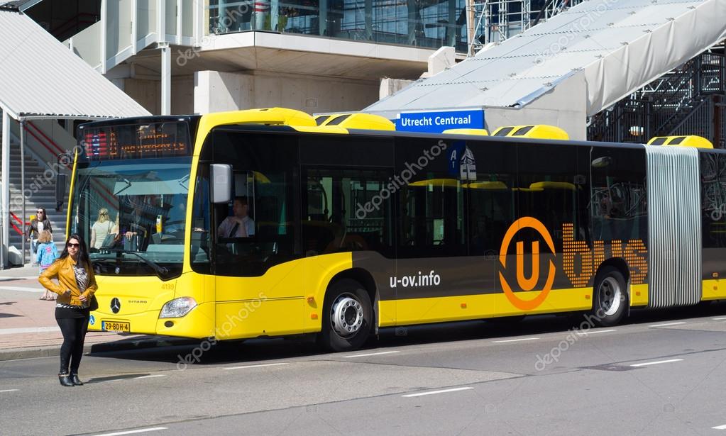 Bus at the central station in Utrecht, Netherlands. With more than 1,000 drivers, more than 300 buses and 26 trams U-OV transport about 200,000 passengers daily.