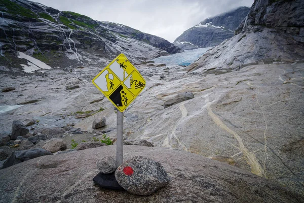 Escudo Aviso Para Área Escorregadia Geleira Nigardsbreen Jostedal Norway — Fotografia de Stock