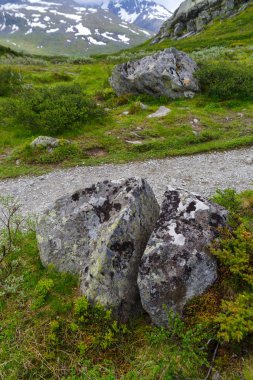 Norveç 'te ulusal manzaralı bir yol olan R55 boyunca büyük kayalar ikiye bölündü.