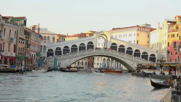 Büyük Kanal 'da bir sürü tekne, Rialto Köprüsü' nün altında bir tekne. Büyük Kanal üzerindeki Rialto Köprüsü, Venezia, İtalya. Venedik Kanalı — Stok video