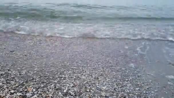해변의 날씨는 고요하다. 비어 있는 해변의 파도를 가까이 서 구경하는 모습, — 비디오