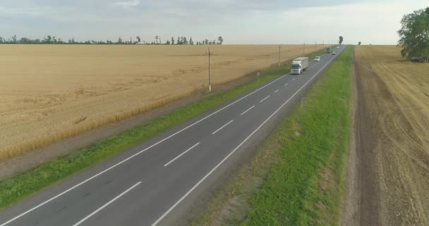 Ein grauer Kombi fährt bei sonnigem Wetter die Autobahn entlang. LKW auf der Autobahn — Stockvideo