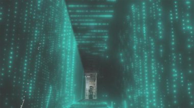 Fabrikada sabah bir adam depodan geçerken ışığı yanıyor. Üretimin dijitalleştirilmesi. Gelecekçi üretim konsepti