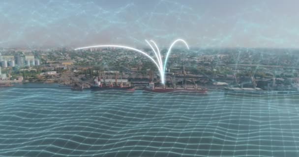 Οπτικοποίηση του Παγκόσμιου Δικτύου Πληροφοριών. Θαλάσσιο λιμάνι με φορτηγά πλοία οπτικοποίηση των συνδέσεων στο διαδίκτυο. Απεικόνιση των συνδέσεων με εταίρους σε όλο τον κόσμο — Αρχείο Βίντεο