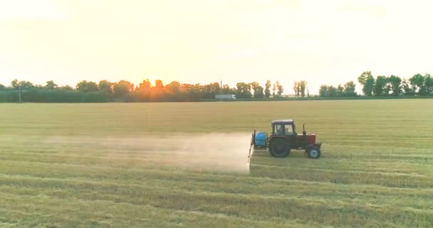 El tractor rocía la vista del dron de trigo. Pulverización de campos de trigo con pesticidas. Protección contra las plagas del campo con trigo. — Vídeo de stock