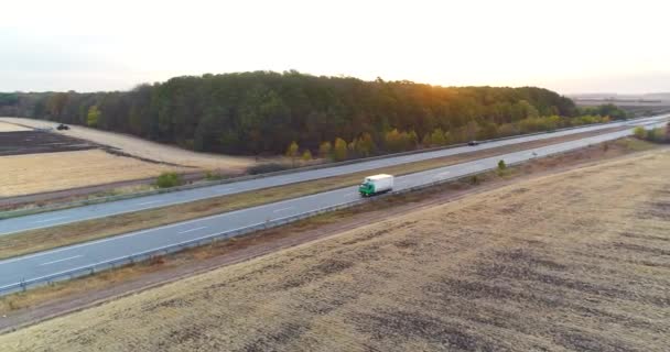 Lastbilar som kör längs vägen ovanifrån, Lastbil transporterar gods ovanifrån — Stockvideo