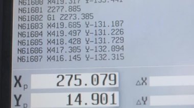 CNC makinesi bir parçasını işliyor. CNC makine monitörü. Fabrikalardaki CNC makinesinin kontrol paneli. Modern CNC makinesi.