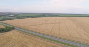 Yol anteninin yanındaki buğday tarlasında. Renkli bir buğday tarlasının yanında arabaları olan bir otoyol. Yolun yanındaki buğday tarlasında uçarken