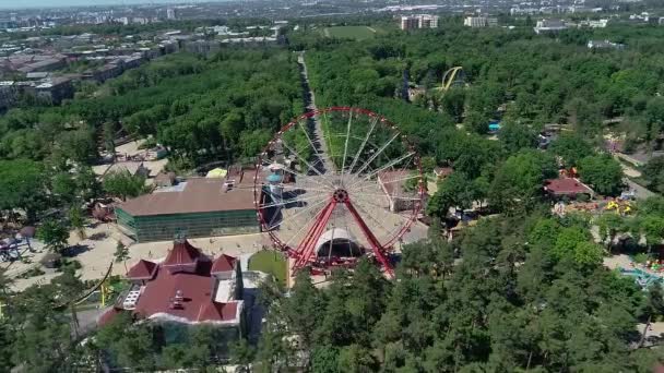 Ruské kolo v parku, letecký výhled. Velké ruské kolo uprostřed zeleného parku natáčející se s dronem — Stock video