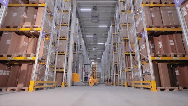 Активная работа на складе, Большой современный склад, промышленный интерьер — стоковое видео