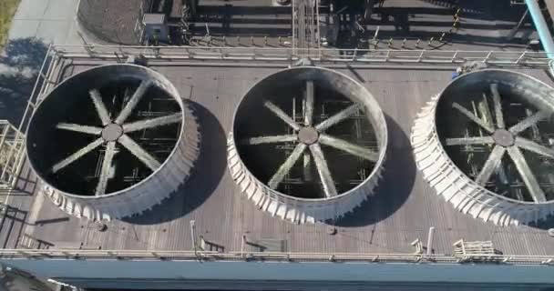 Cooling system in a factory aerial view. Big industrial fan. Cooling fans at the plant aerial view. — Stock Video